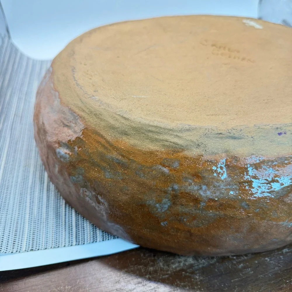 Signed Studio Pottery Terracotta Bowl Handcrafted Rustic Organic 12 inch Brown